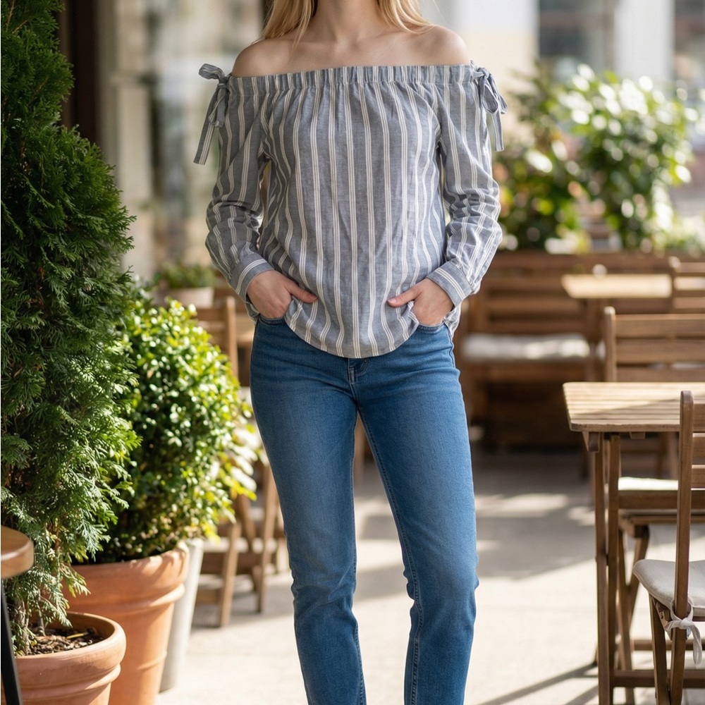 Doe & Rae Blue and White Off-Shoulder Striped Boutique Top Sizes S, M, and L NWT